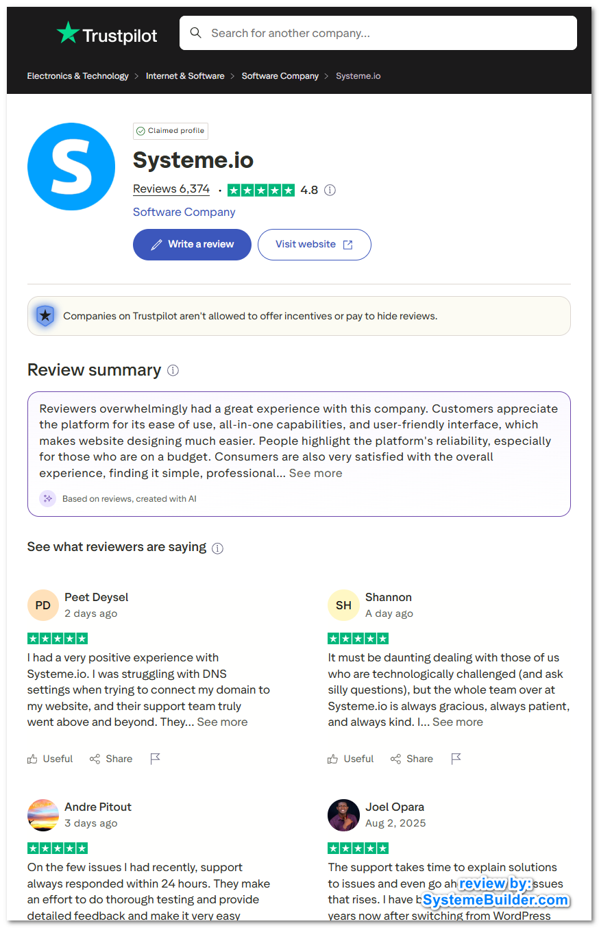 Systeme.io Review on trustpilot
